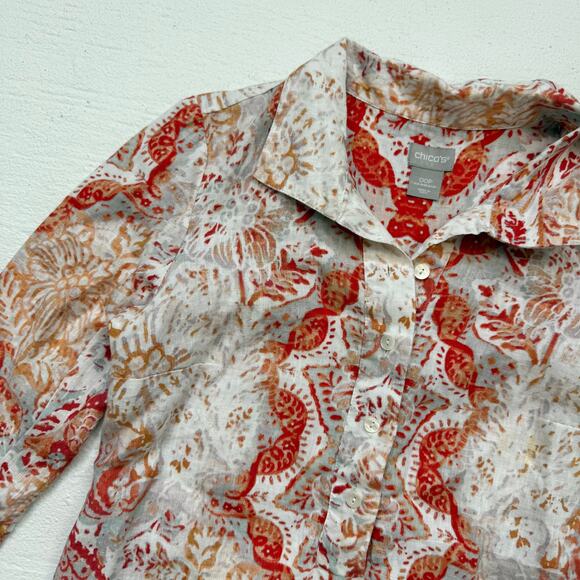 Chico’s 100% Linen Collared Tunic Top Floral Print 3/4 Sleeve Size 0/2P - Picture 2 of 7